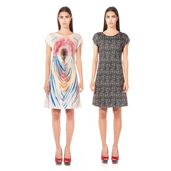 ANIMAPOP Artsy Graphic Floral Watercolor A Line Reversible Double Design Dress S - Picture 1 of 8
